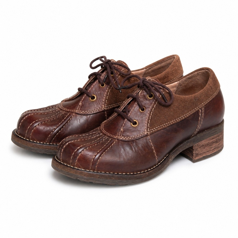 Dromedaris Leather Oxford Shoes Womens 40 Brown Low Block Heel Portugal Lace-up